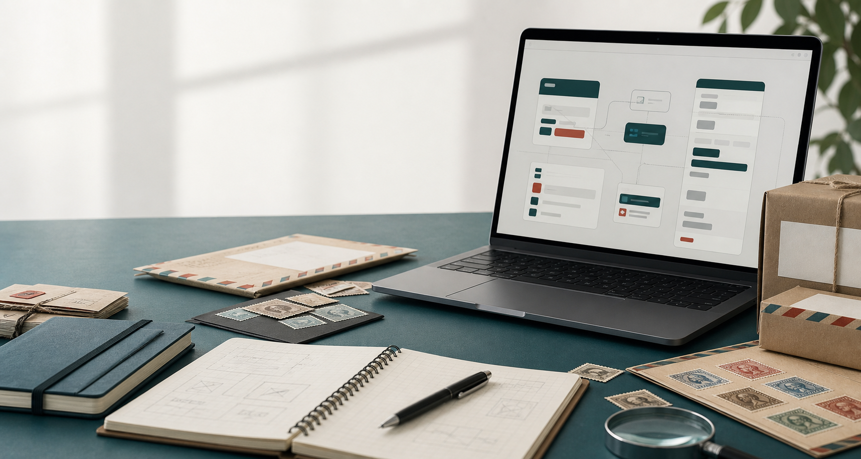 A desk scene with software interface elements, stamp references, and postal workflow material.